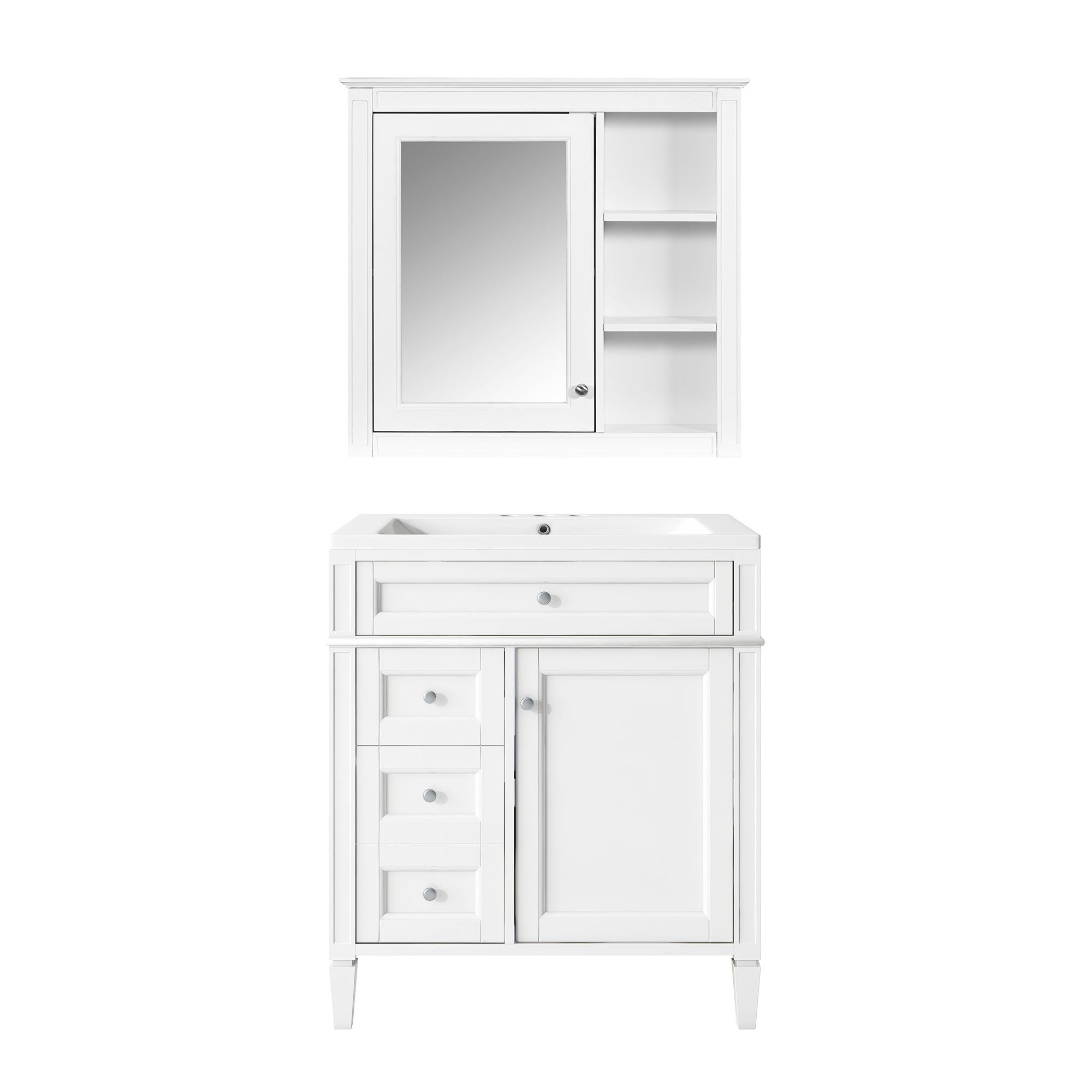 VanityFus 30-in White Bathroom Vanity Single Sink Medicine Cabinet Combo with Ceramic Top Undermount 1 Soft Close Door 3 Drawers (Mirror Included)
